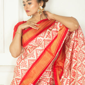 Red White Allover Work Pochampally Double Warp Ikkat Silk Saree
