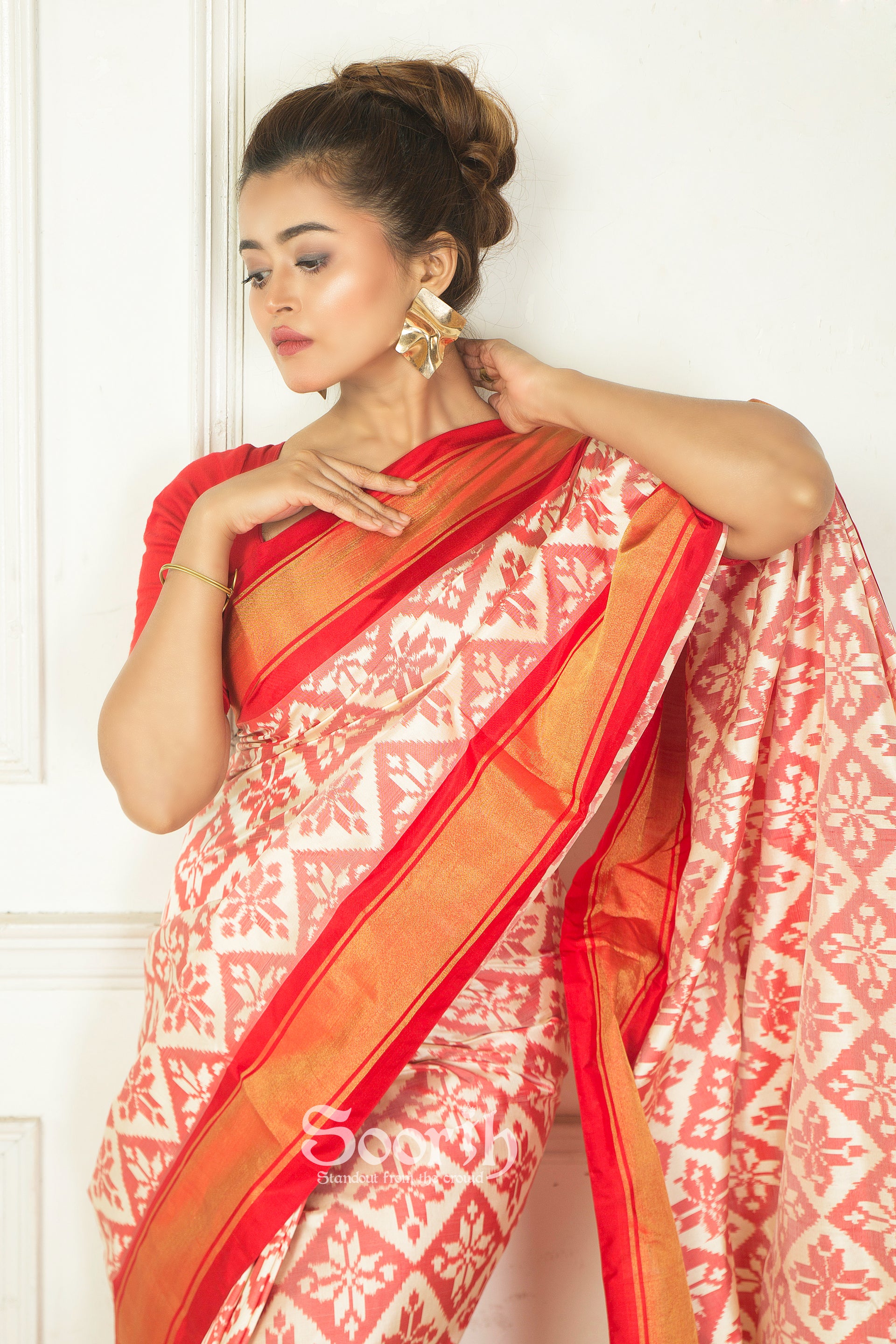 Red White Allover Work Pochampally Double Warp Ikkat Silk Saree