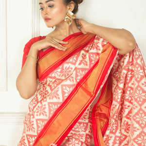 Red White Allover Work Pochampally Double Warp Ikkat Silk Saree