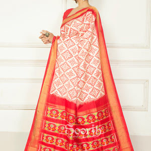 Red White Allover Work Pochampally Double Warp Ikkat Silk Saree