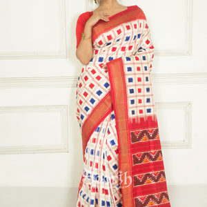 White Blue Red Double Warp Ikkat Silk Saree