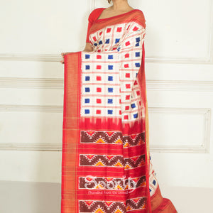 White Blue Red Double Warp Ikkat Silk Saree