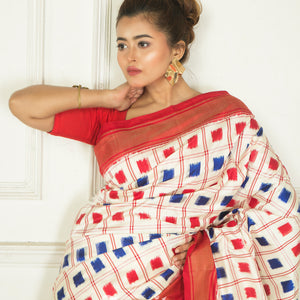 White Blue Red Double Warp Ikkat Silk Saree