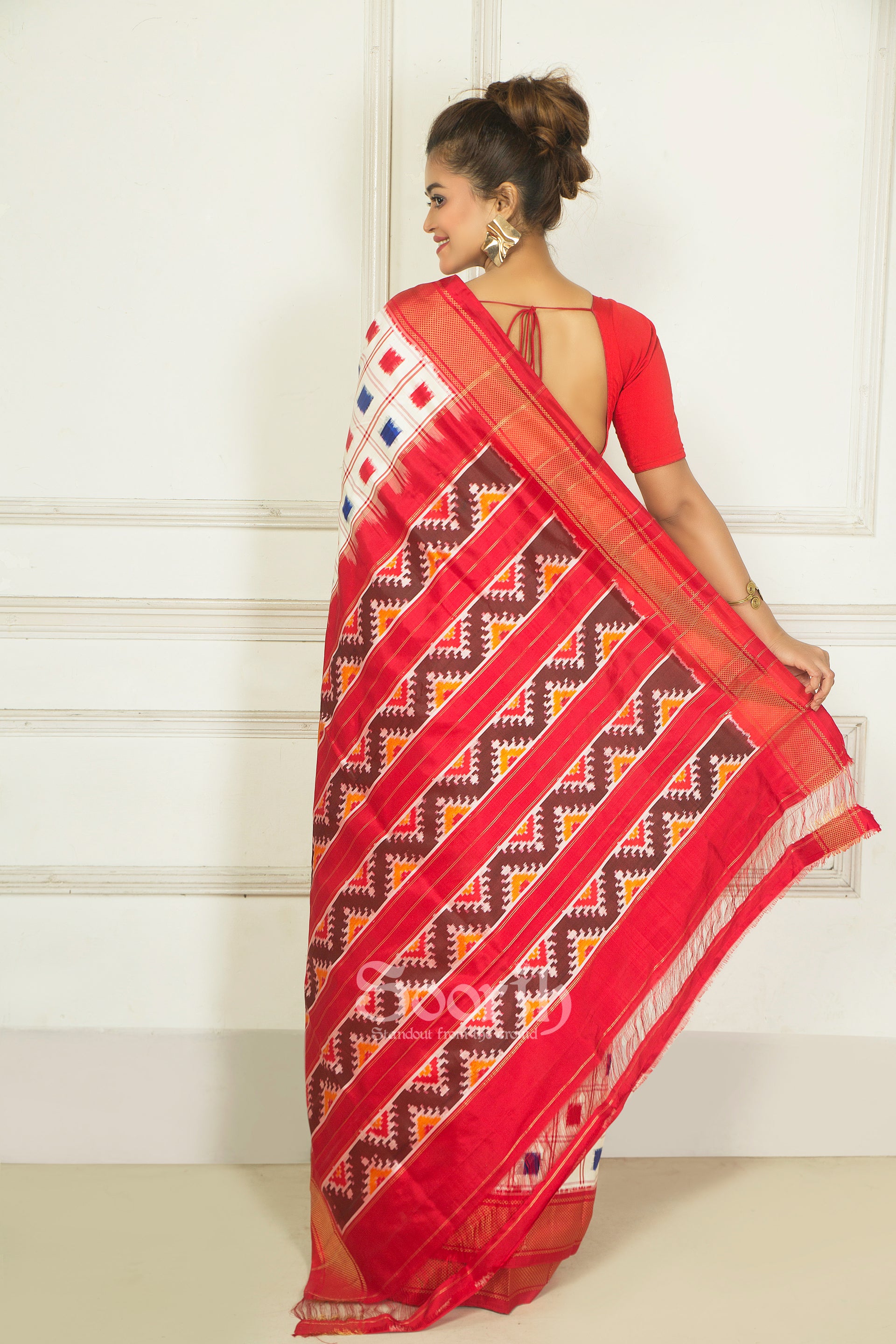 White Blue Red Double Warp Ikkat Silk Saree