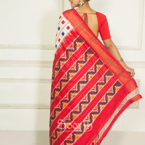 White Blue Red Double Warp Ikkat Silk Saree