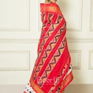 White Blue Red Double Warp Ikkat Silk Saree