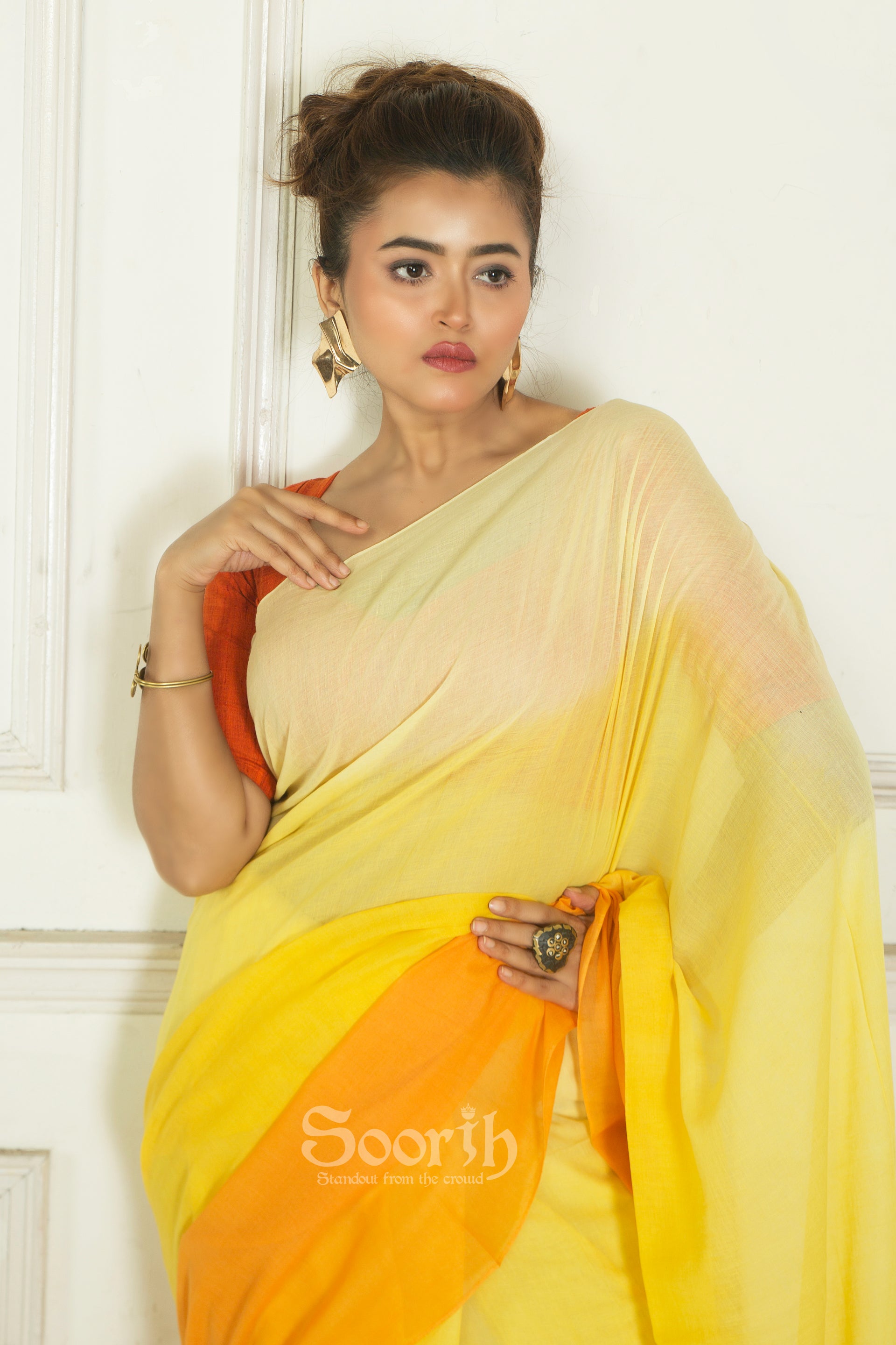 Pastel Yellow Orange Mul Cotton Ombre Saree