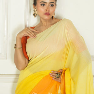 Pastel Yellow Orange Mul Cotton Ombre Saree