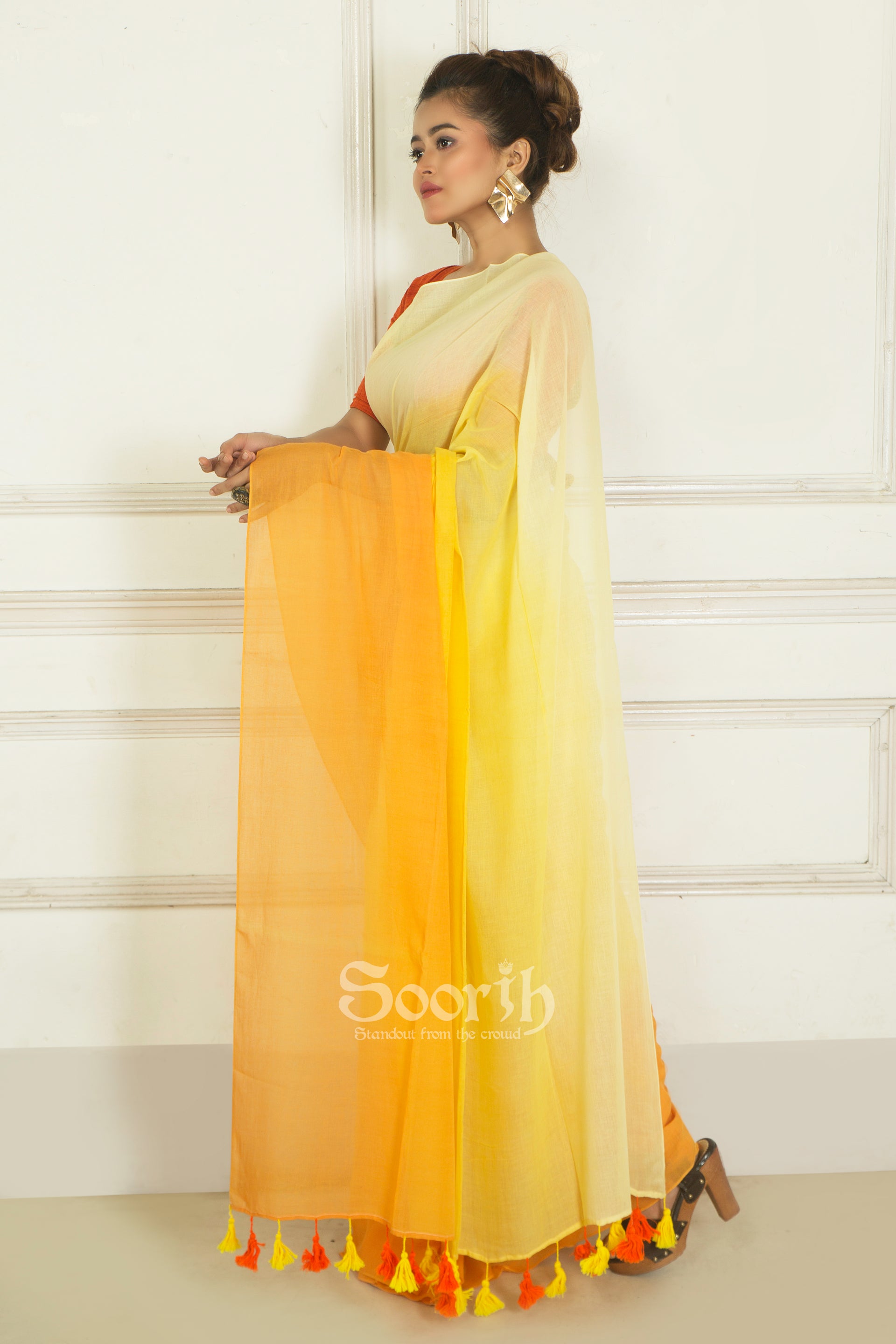 Pastel Yellow Orange Mul Cotton Ombre Saree