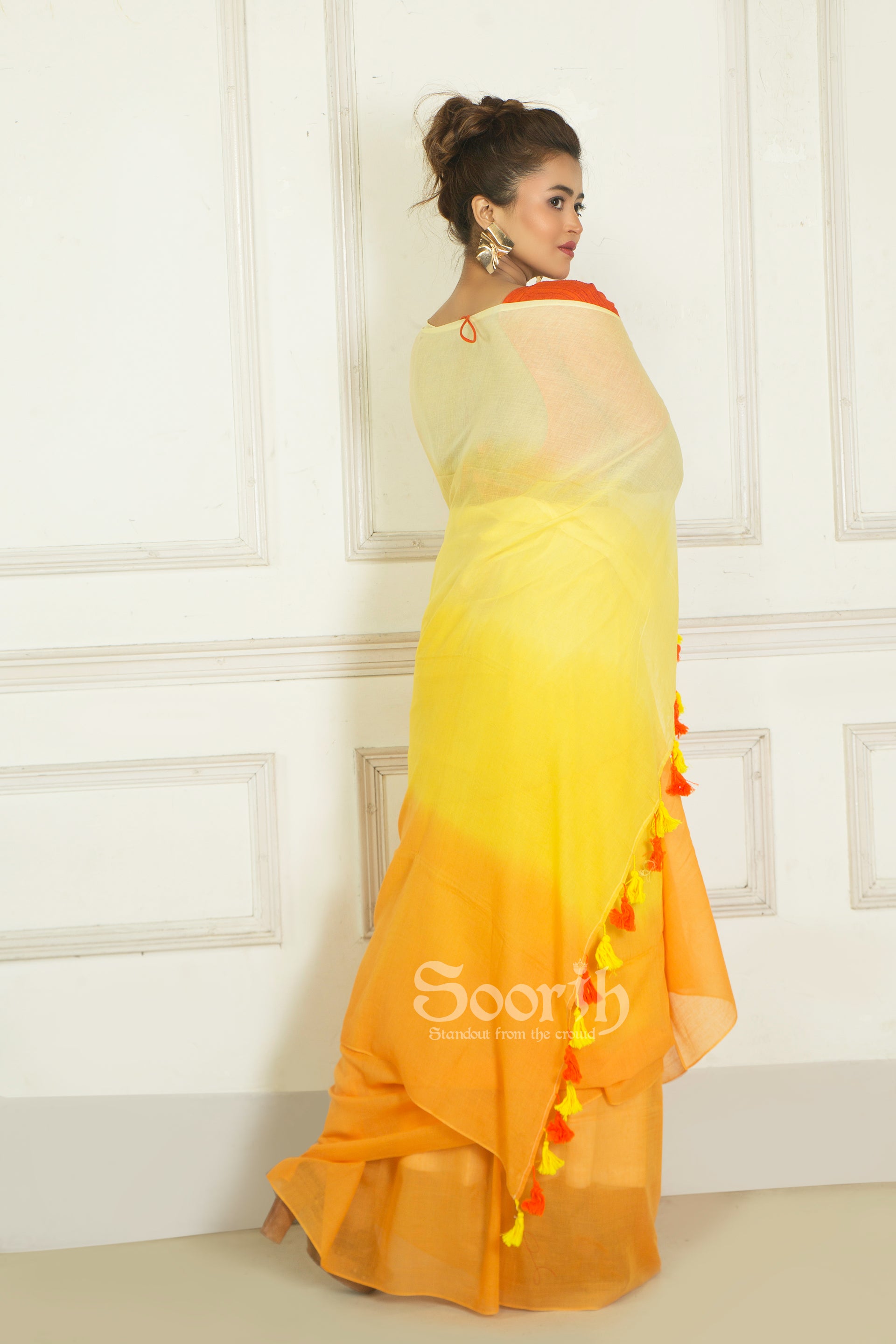 Pastel Yellow Orange Mul Cotton Ombre Saree