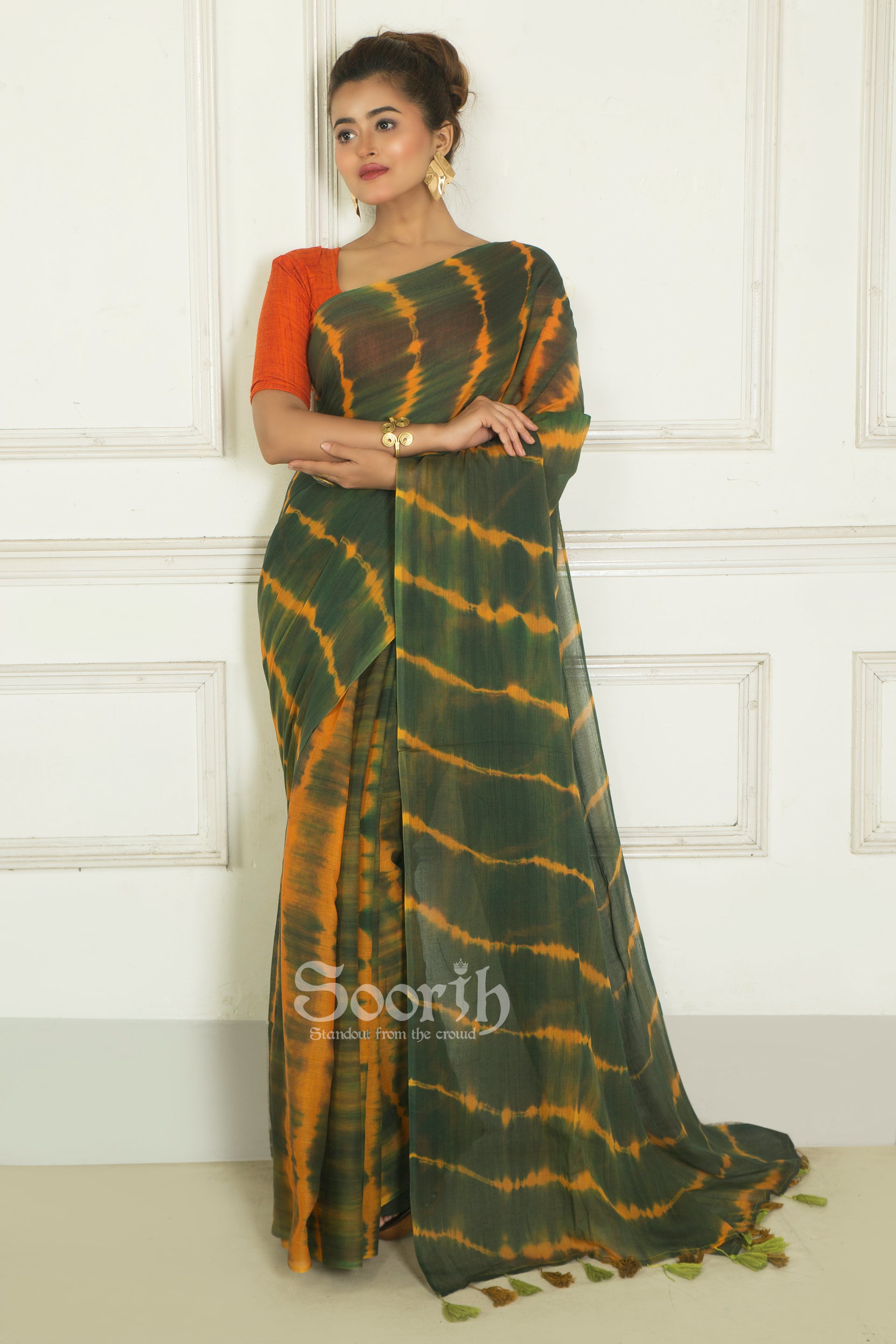 Green Orange Mul Cotton Rangoli Saree