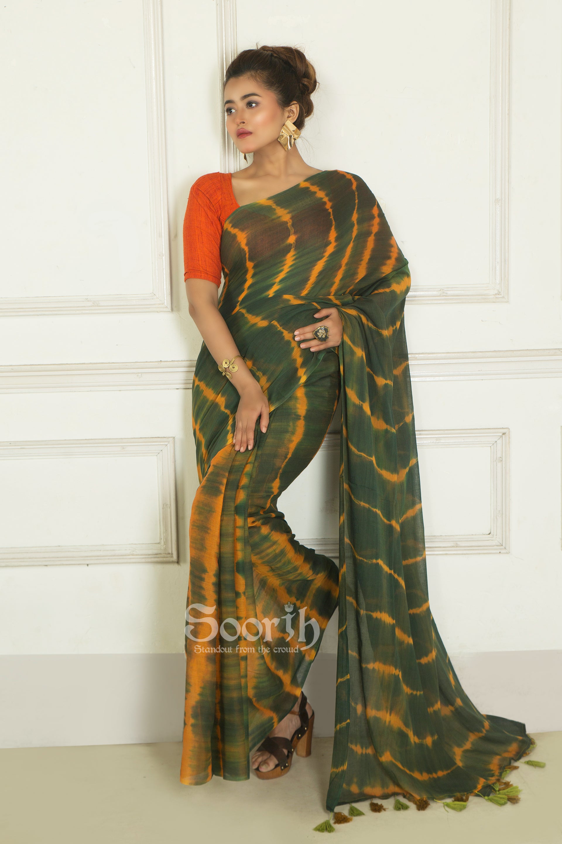 Green Orange Mul Cotton Rangoli Saree