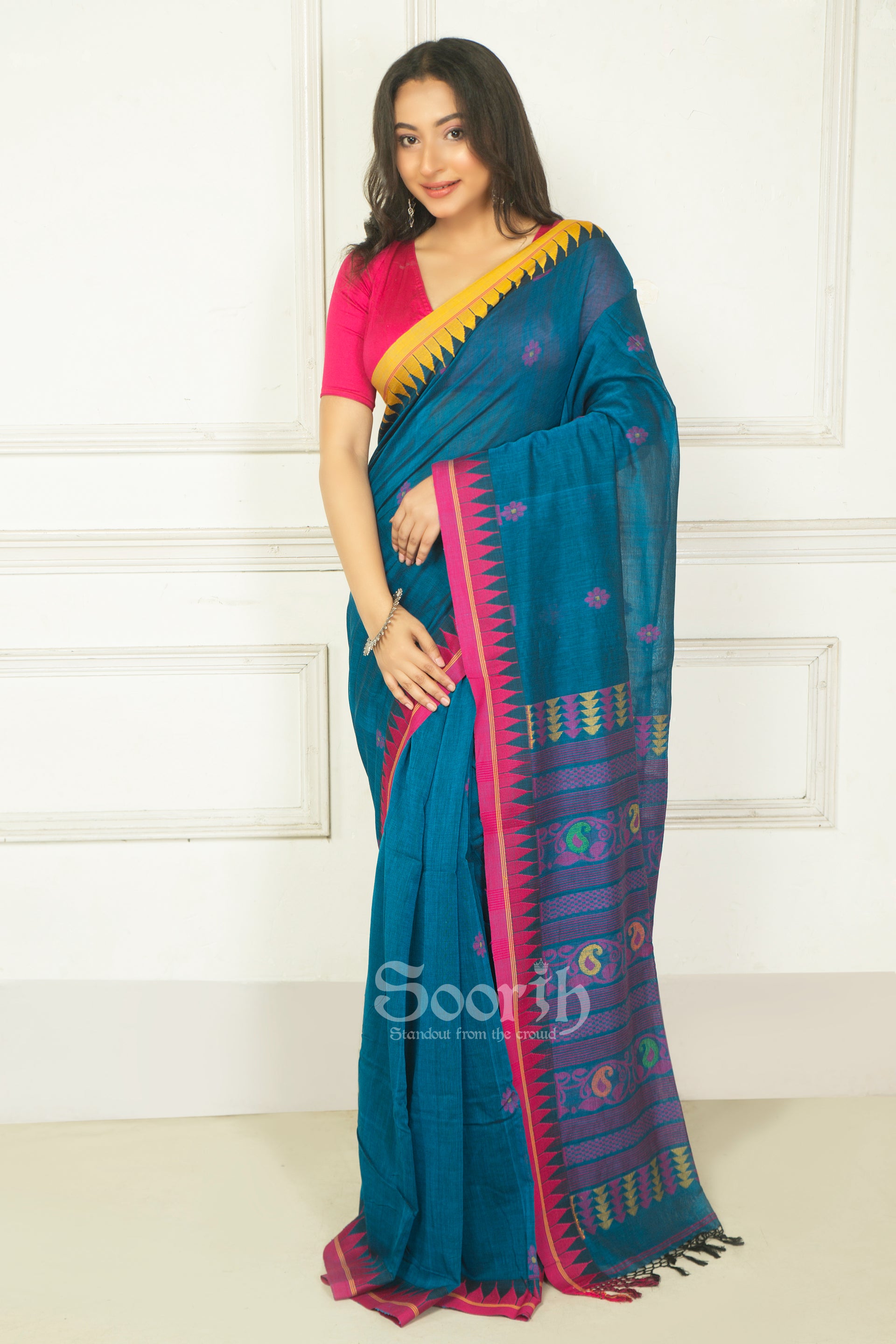 Blue Mercerised Cotton Handloom Saree