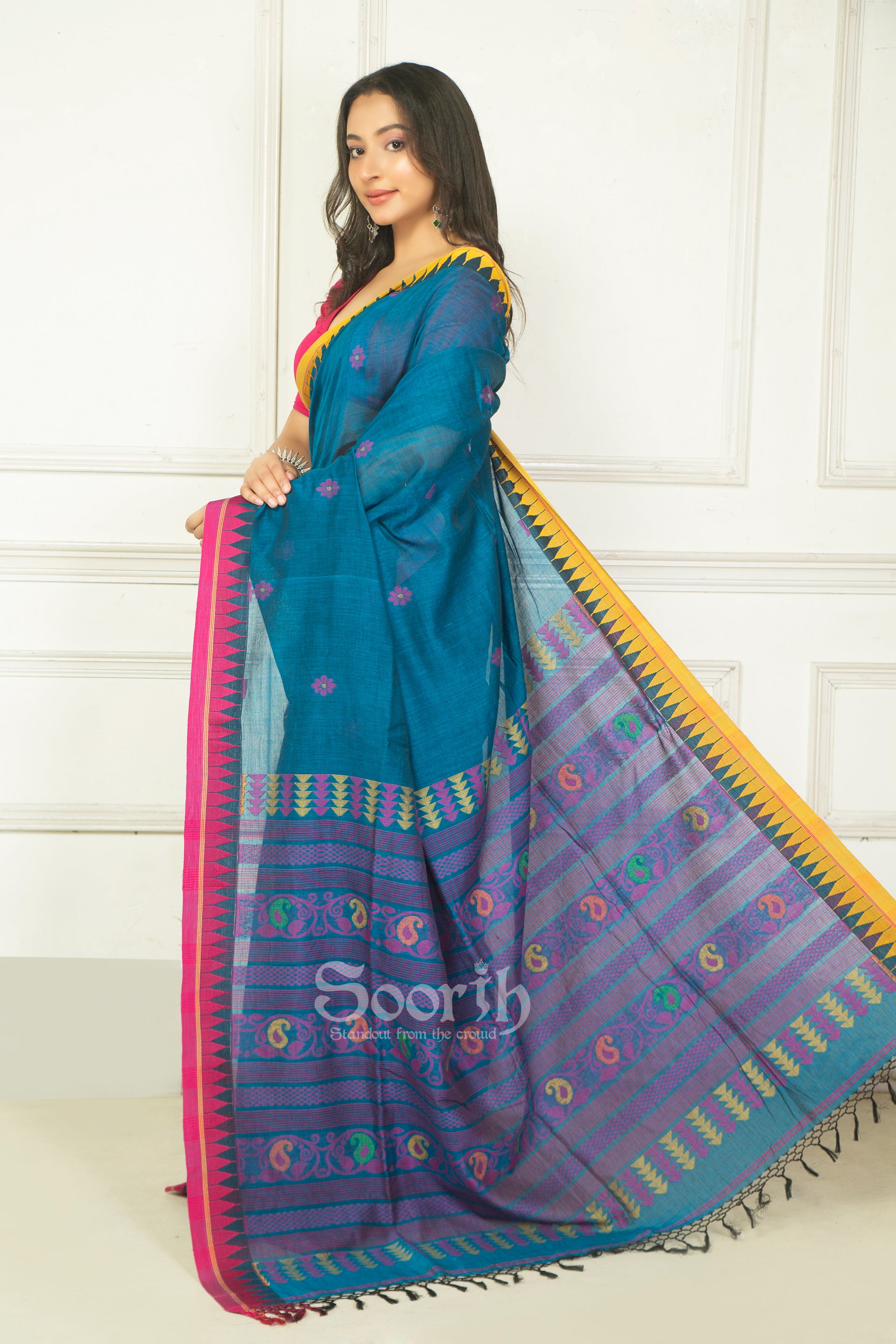 Blue Mercerised Cotton Handloom Saree