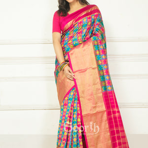 Multicolor Rani Checks Pochampally Double Warp Ikkat Silk Saree
