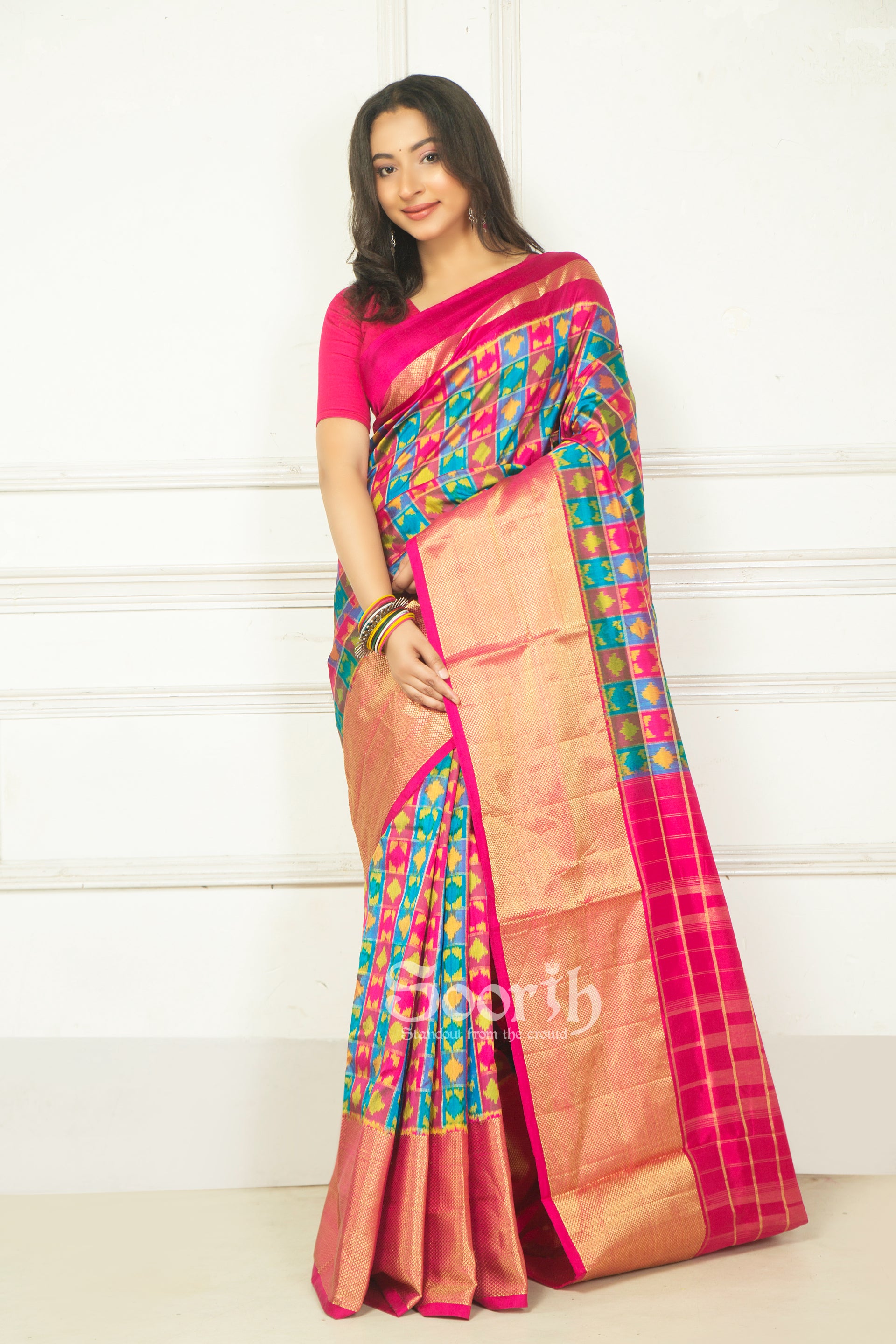 Multicolor Rani Checks Pochampally Double Warp Ikkat Silk Saree