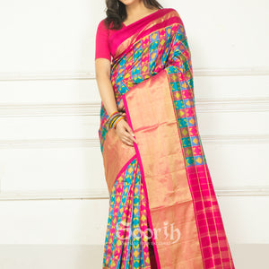 Multicolor Rani Checks Pochampally Double Warp Ikkat Silk Saree