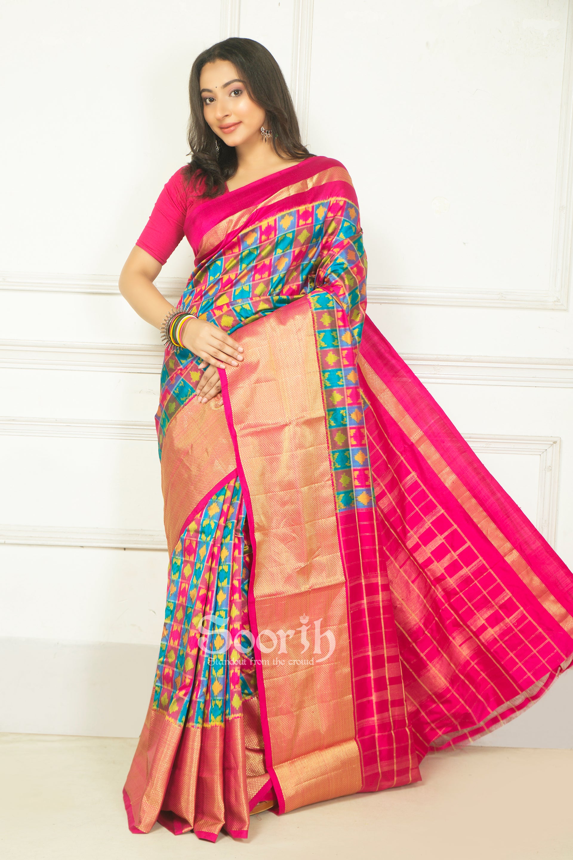 Multicolor Rani Checks Pochampally Double Warp Ikkat Silk Saree