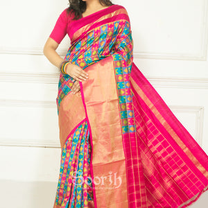 Multicolor Rani Checks Pochampally Double Warp Ikkat Silk Saree