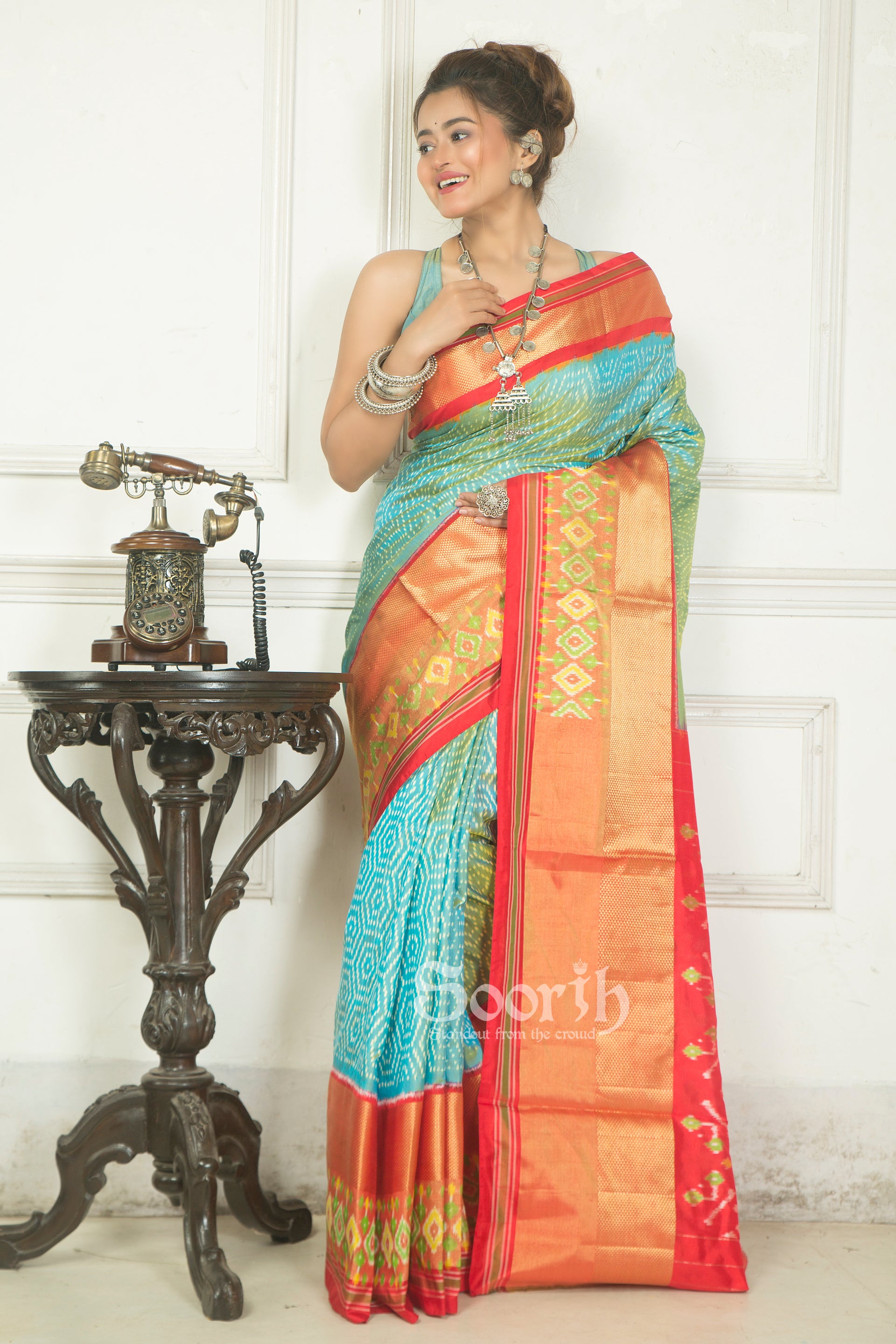 Dual Tone Blue Red Double Warp Ikkat Silk Saree