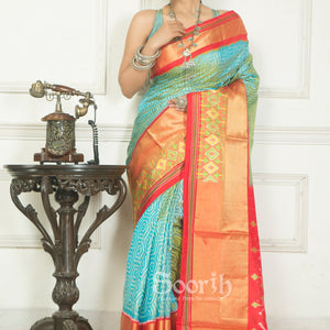 Dual Tone Blue Red Double Warp Ikkat Silk Saree