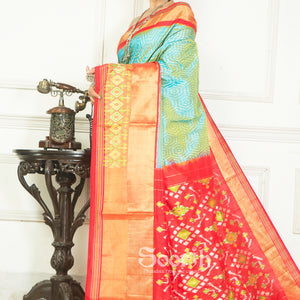 Dual Tone Blue Red Double Warp Ikkat Silk Saree