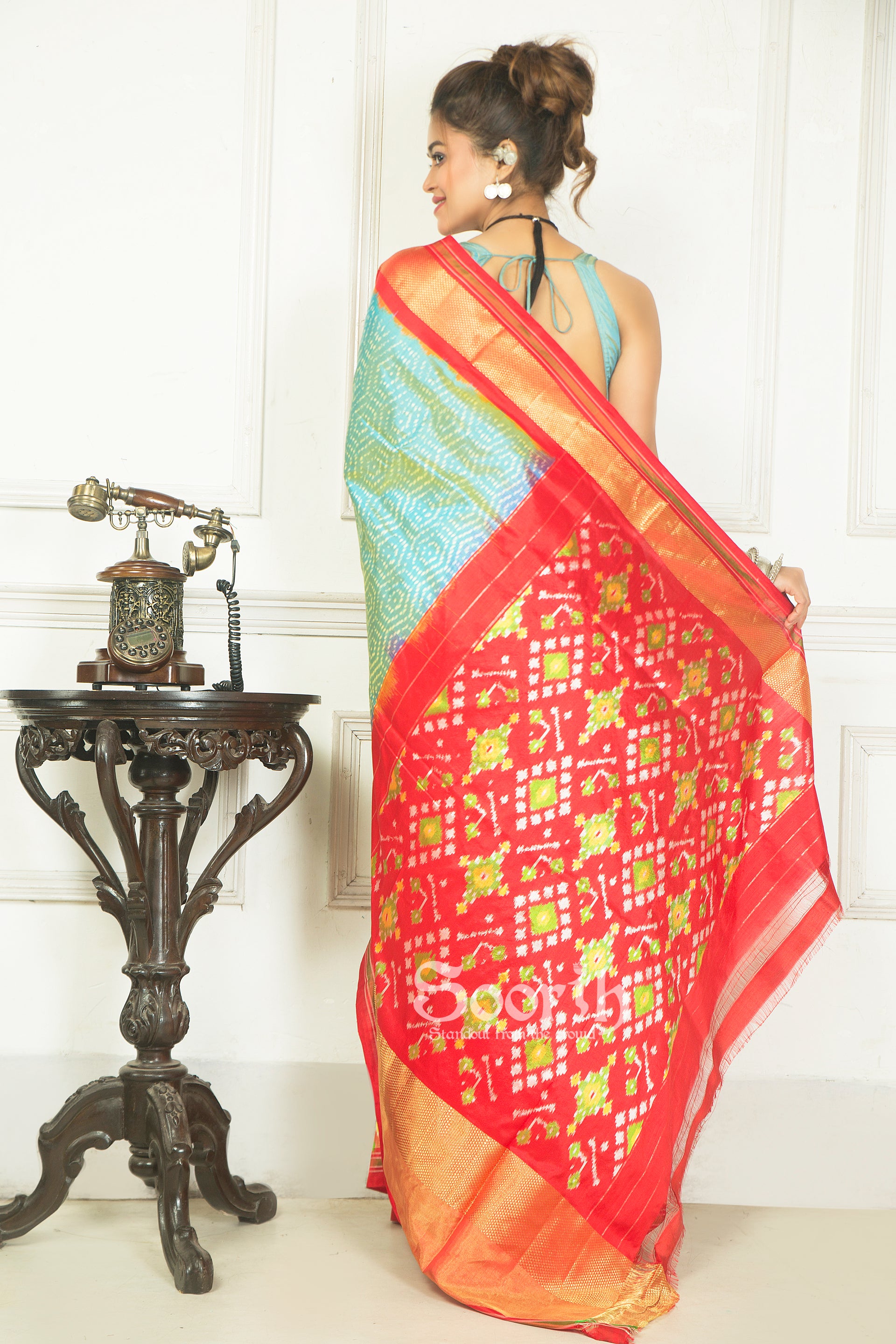 Dual Tone Blue Red Double Warp Ikkat Silk Saree