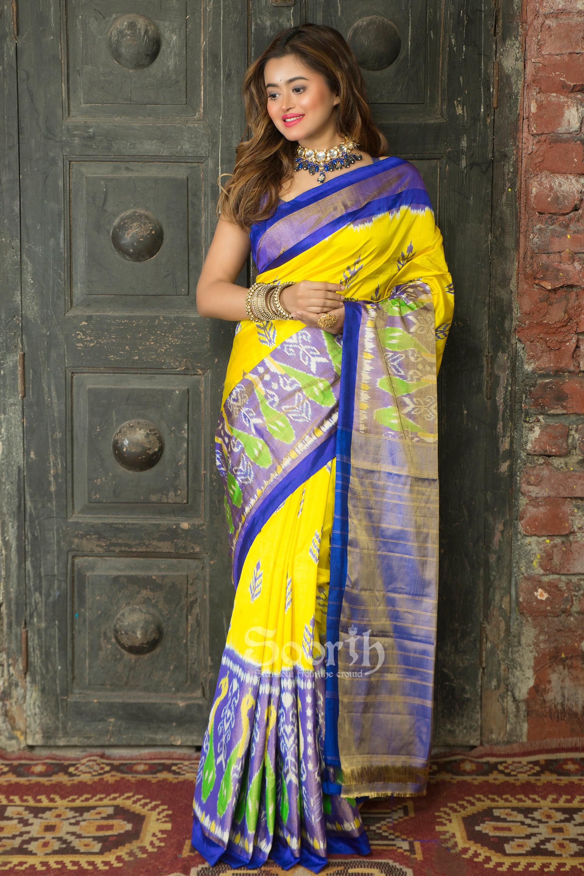 Yellow Blue Pochampally Double Warp Ikkat Silk Tissue Saree