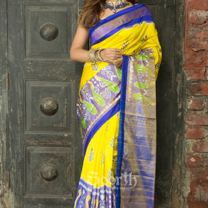 Yellow Blue Pochampally Double Warp Ikkat Silk Tissue Saree