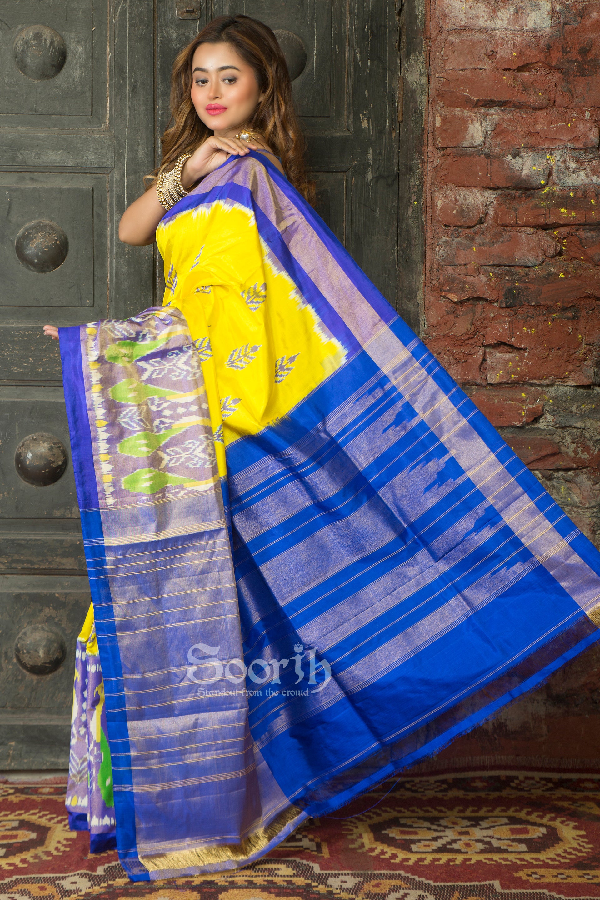 Yellow Blue Pochampally Double Warp Ikkat Silk Tissue Saree