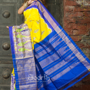 Yellow Blue Pochampally Double Warp Ikkat Silk Tissue Saree