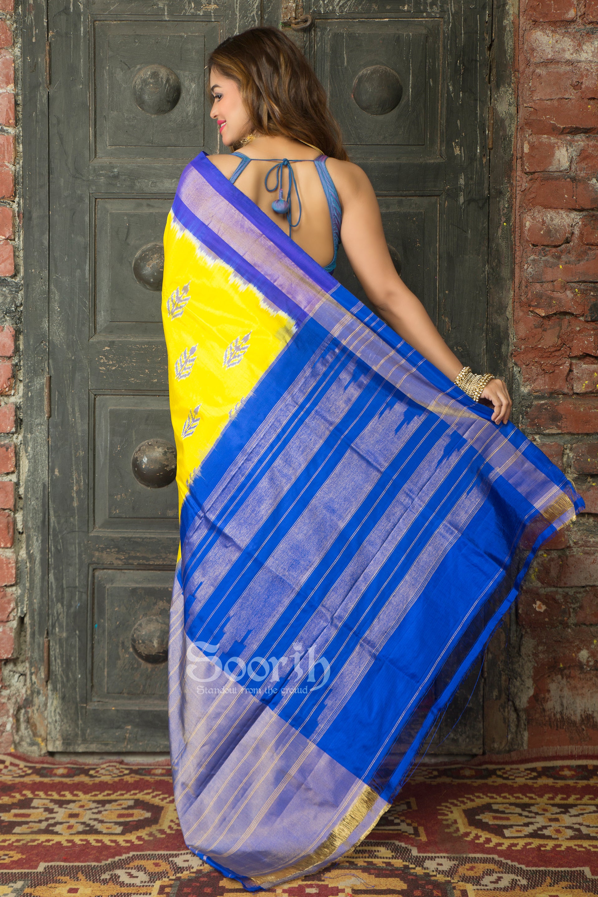 Yellow Blue Pochampally Double Warp Ikkat Silk Tissue Saree