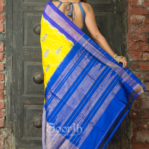 Yellow Blue Pochampally Double Warp Ikkat Silk Tissue Saree