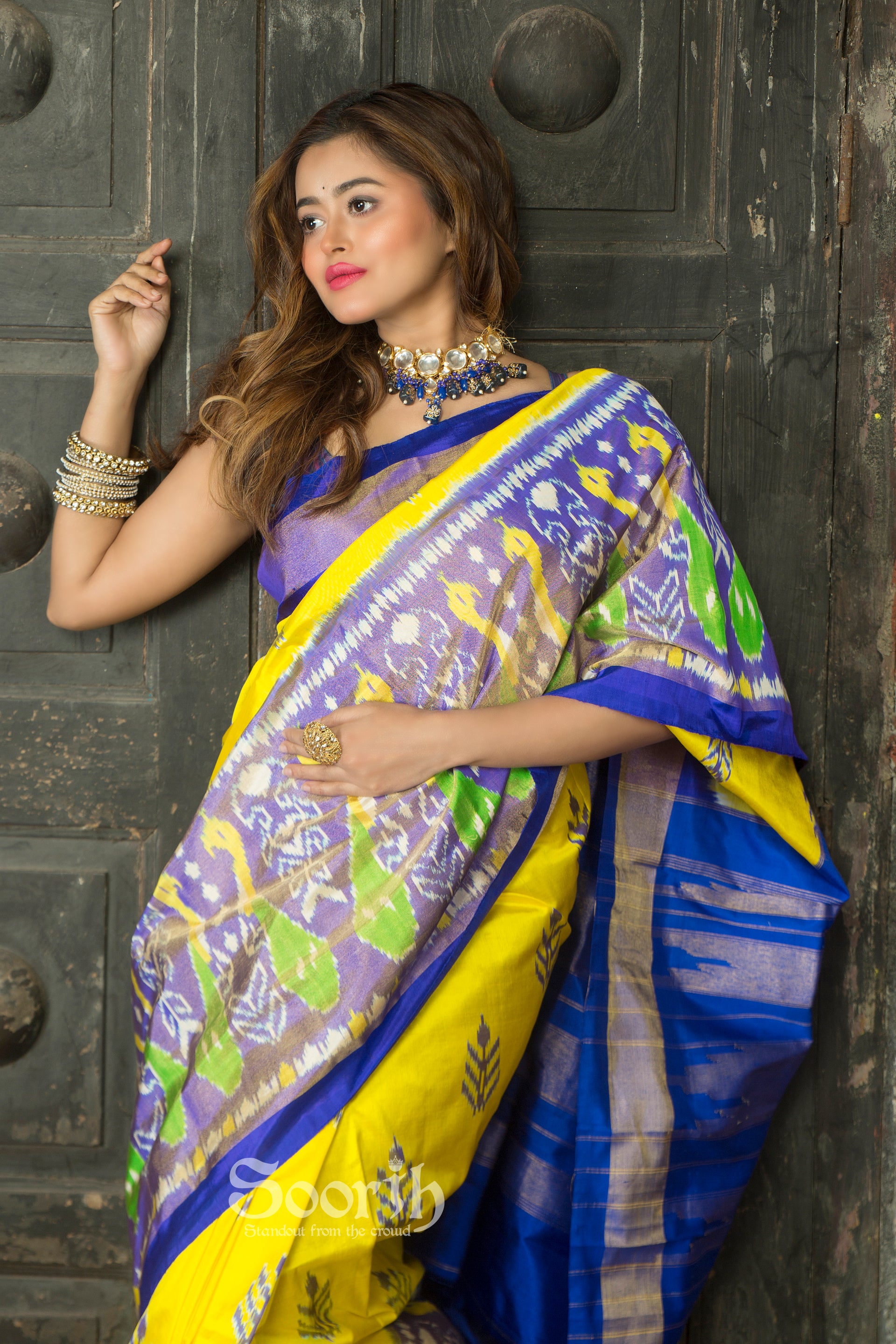 Yellow Blue Pochampally Double Warp Ikkat Silk Tissue Saree