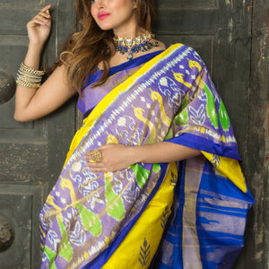 Yellow Blue Pochampally Double Warp Ikkat Silk Tissue Saree