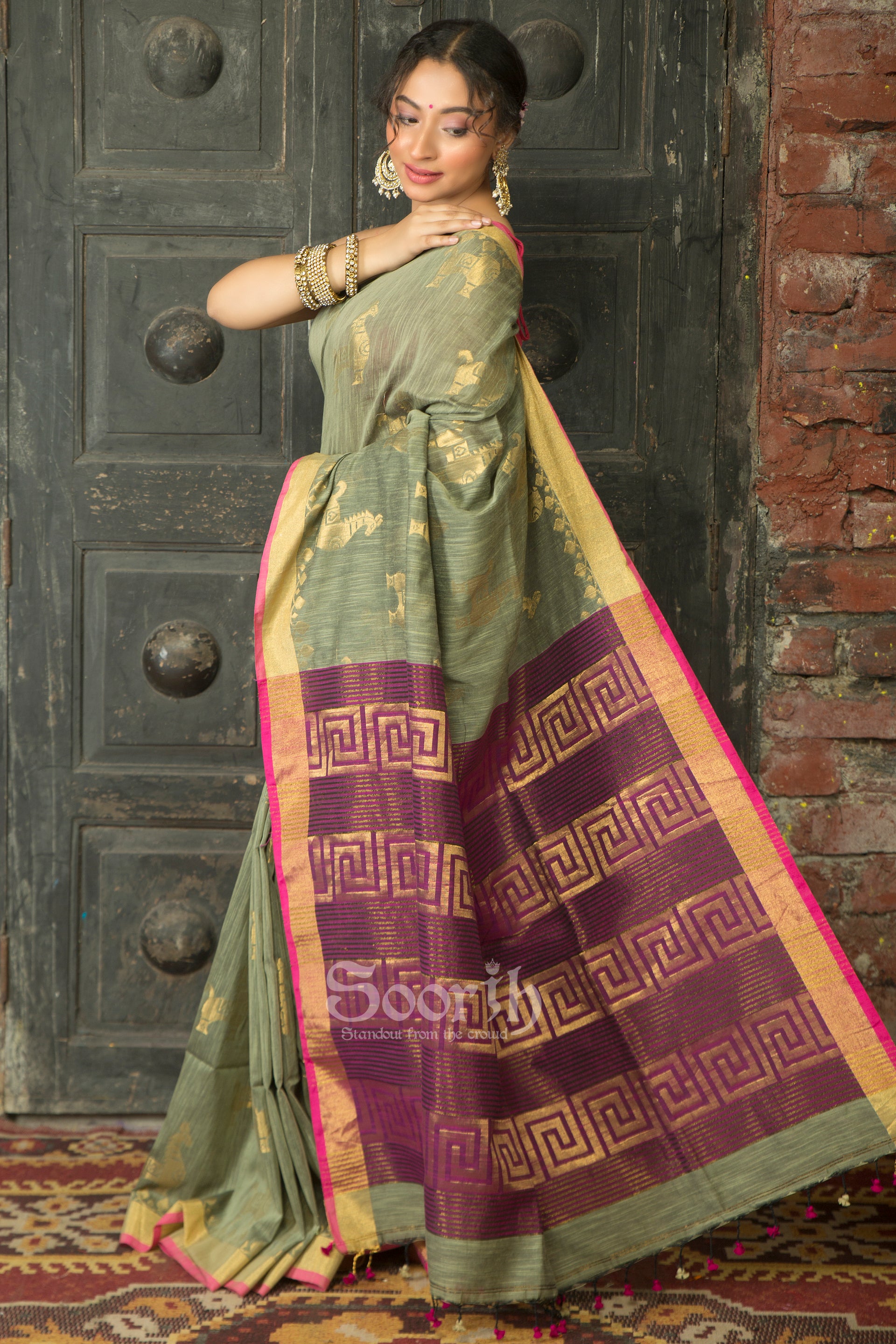 Grey Purple Cotton Handloom Saree