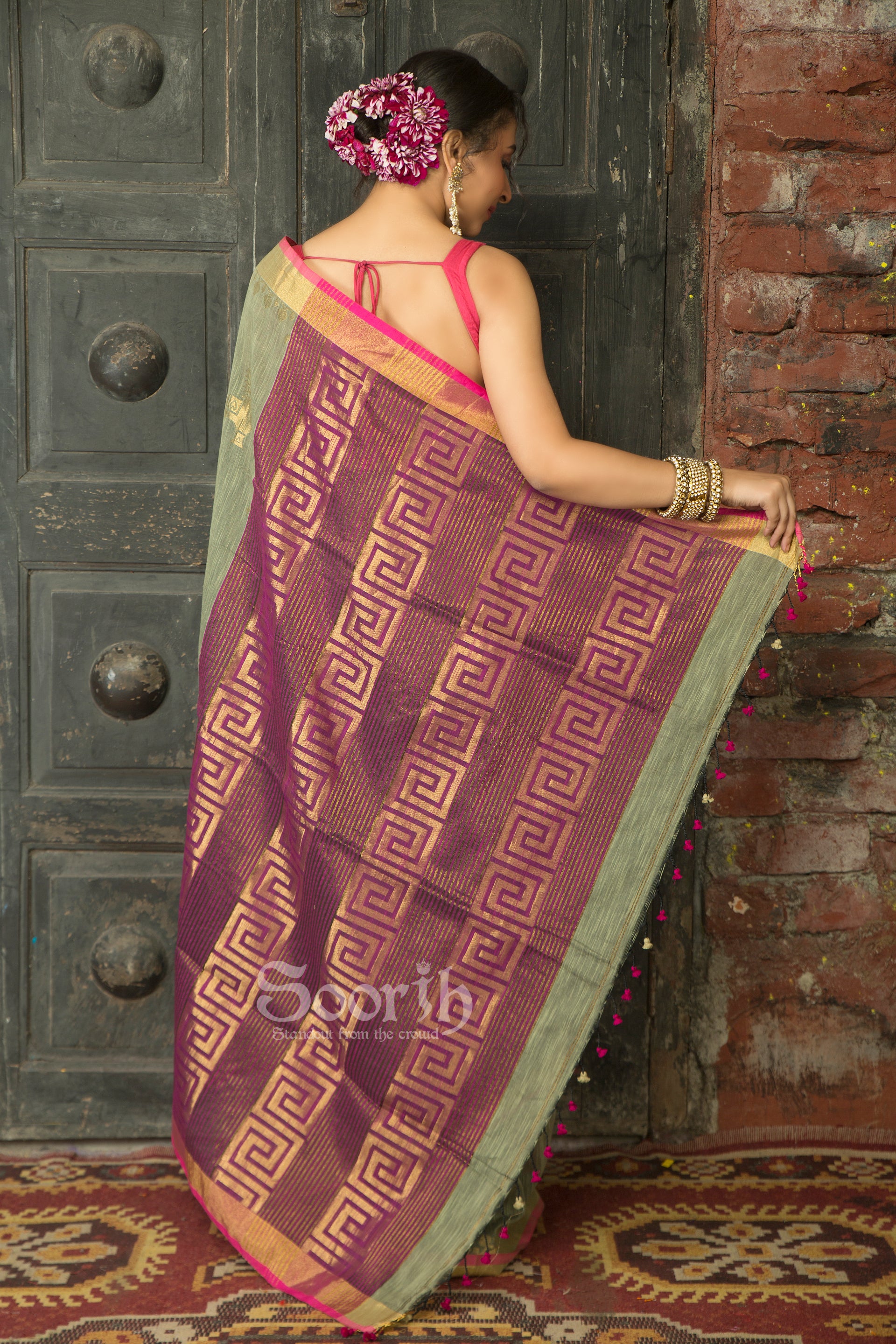 Grey Purple Cotton Handloom Saree